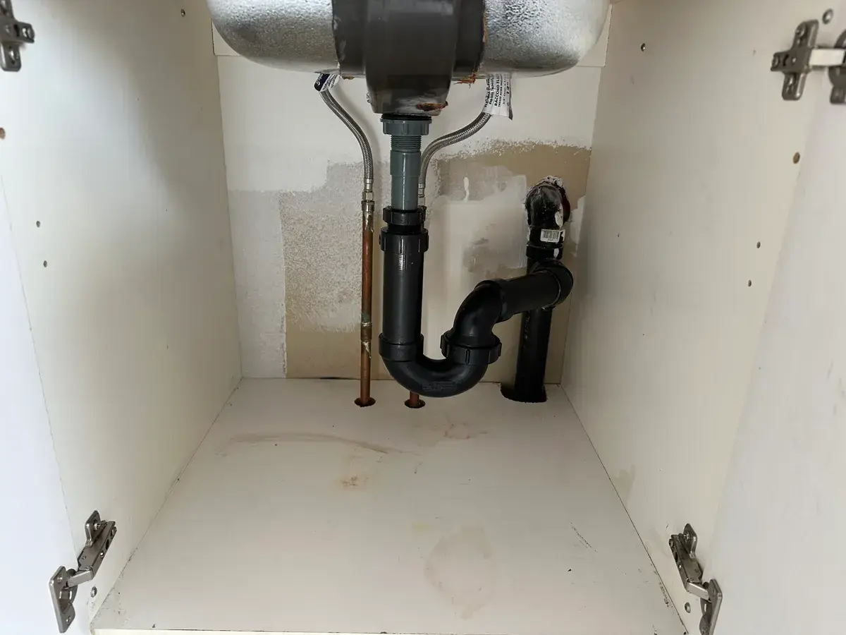 New black ABS P-trap and tailpiece installed under a stainless sink, braided supply lines flanking it