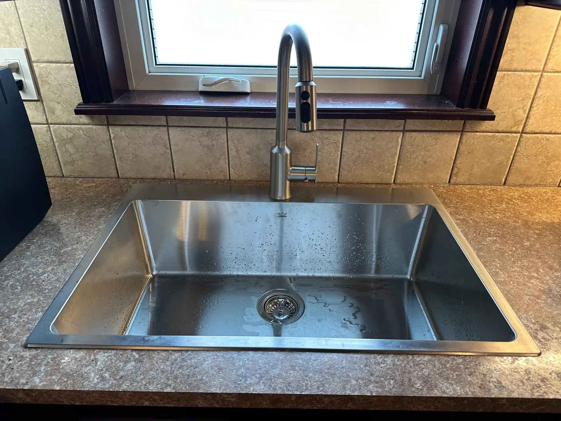 Newly installed stainless sink and pull-down faucet, test water still in the bowl